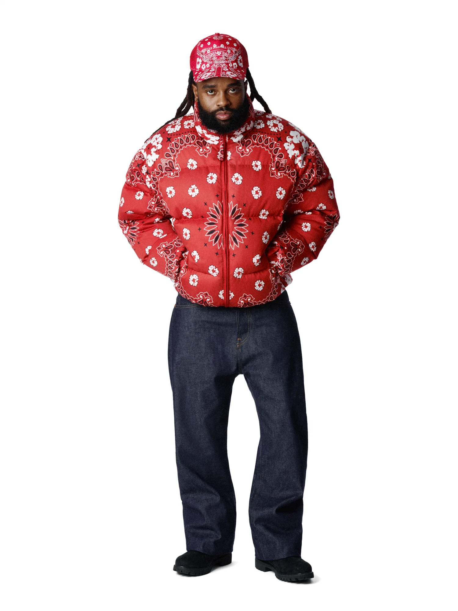 Cotton Wreath Paisley Puffer Jacket Red